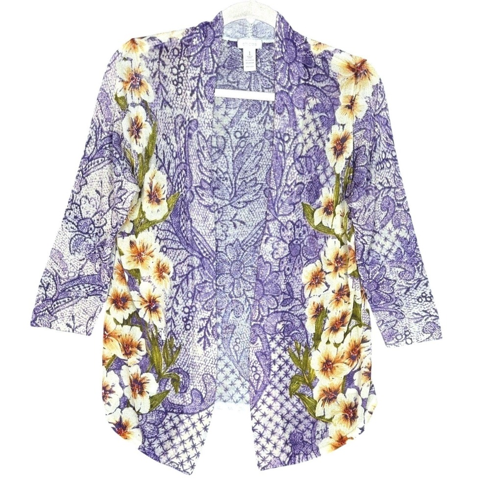 Chico's Womens Floral Cardigan Size M 8 Purple Open Front Lightweight Knit Layer